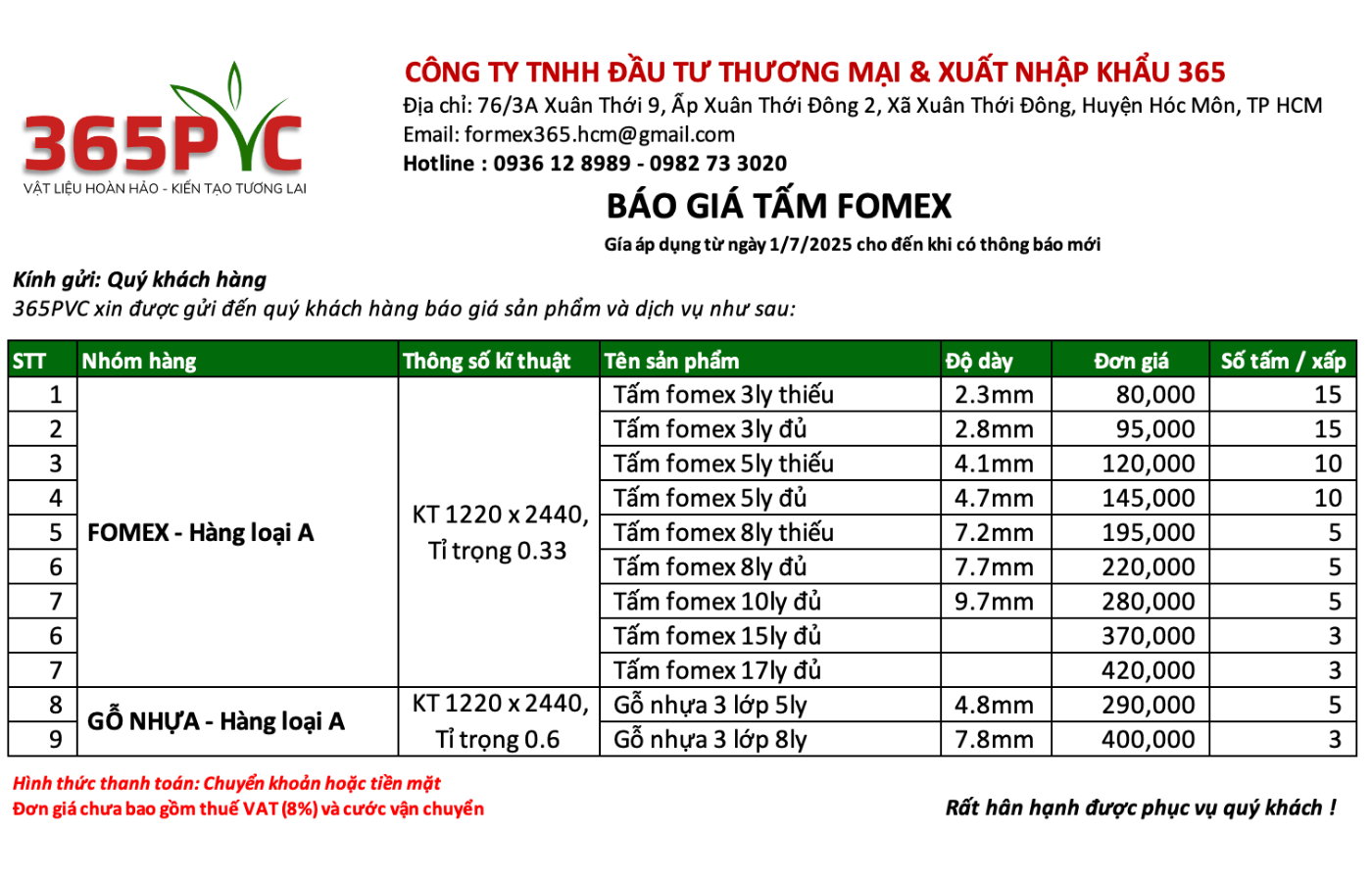 Bảng giá formex tại 365PVC tháng 7/2025