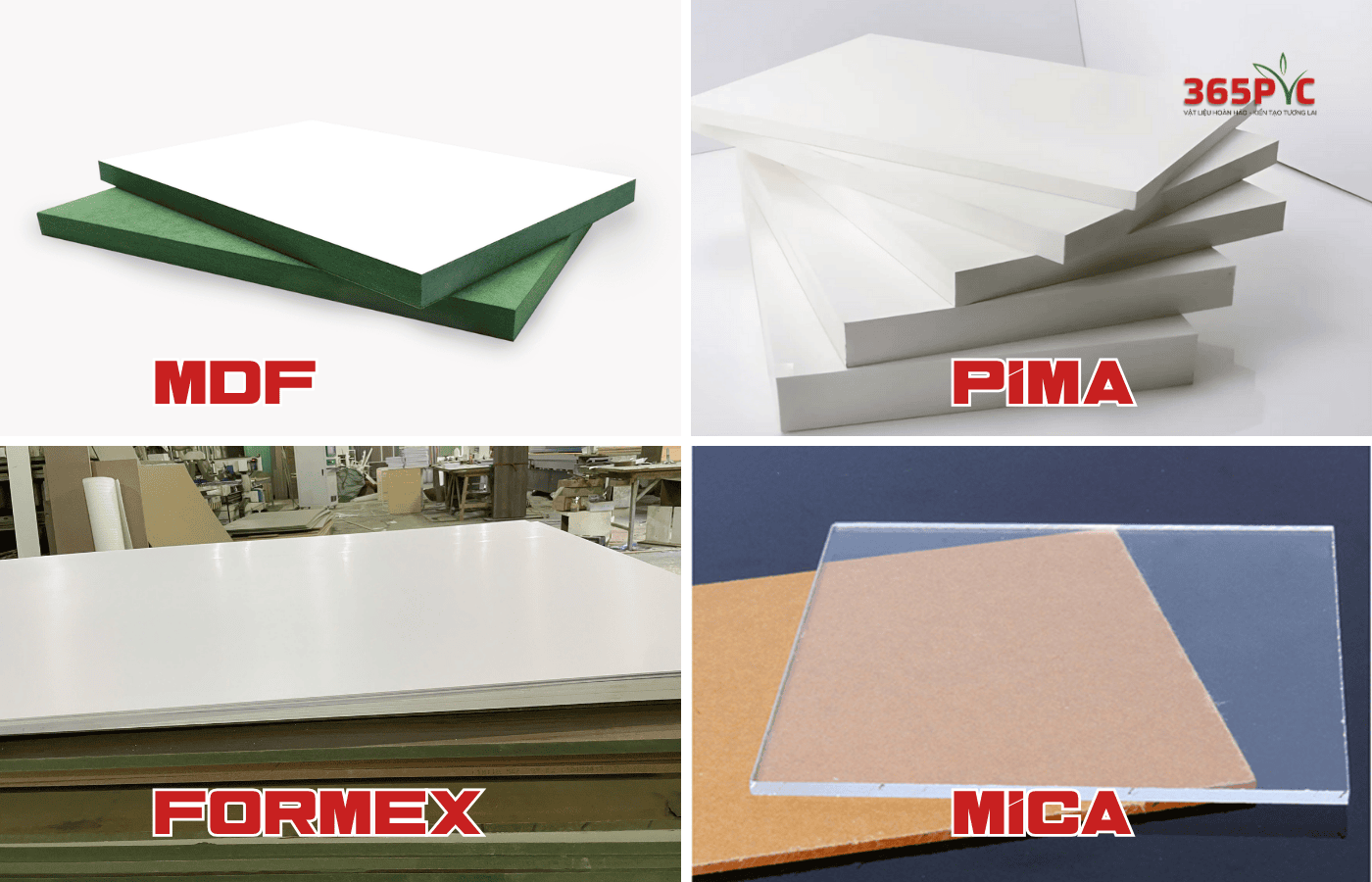 So sánh bề mặt tấm Formex, Pima, Mica và gỗ MDF